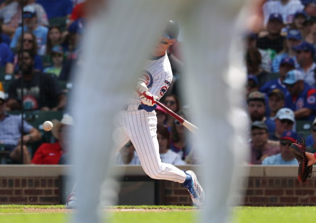 Cubs left fielder Pete Crow-Armstrong swings for a single in the second inning against the Cardinals at Wrigley Field on Sept. 27, 2025, in Chicago. (John J. Kim/Chicago Tribune)