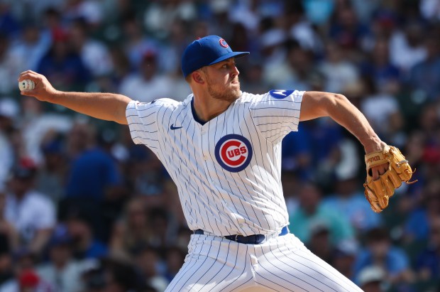 Cubs starting pitcher Jameson Taillon throws against the Cardinals in the fourth inning at Wrigley Field on Sept. 27, 2025, in Chicago. (John J. Kim/Chicago Tribune)