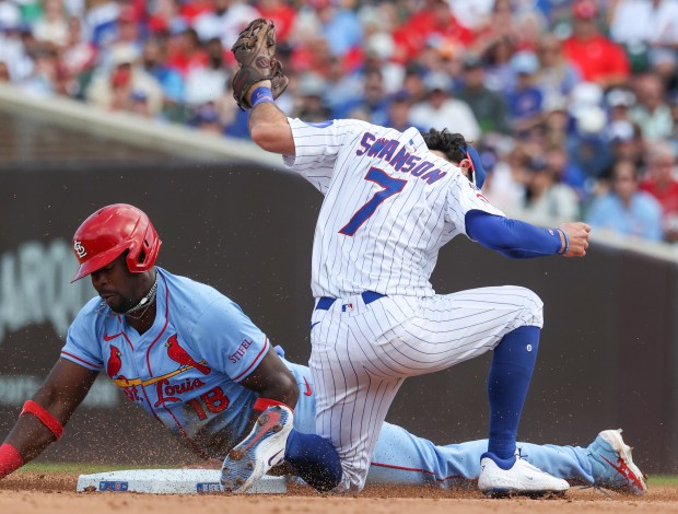 Cardinals right fielder Jordan Walker (18) steals second base in the fifth inning against the Cubs at Wrigley Field on Sept. 27, 2025, in Chicago. (John J. Kim/Chicago Tribune)
