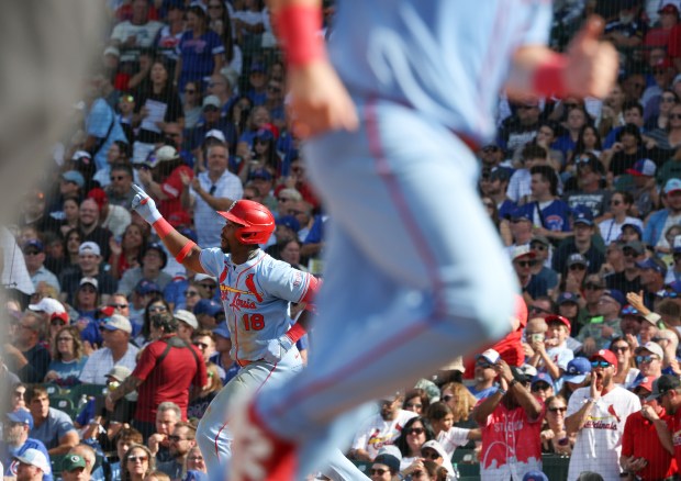Cardinals right fielder Jordan Walker (18) rounds the bases after hitting a two-run home run against the Cubs in the seventh inning at Wrigley Field on Sept. 27, 2025, in Chicago. (John J. Kim/Chicago Tribune)
