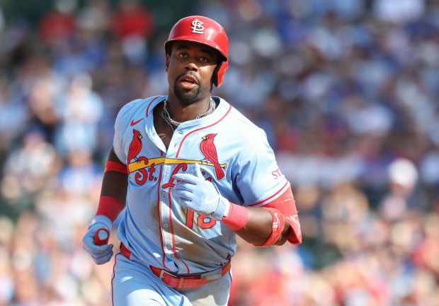 Cardinals right fielder Jordan Walker rounds the bases after hitting a two-run home run against the Cubs in the seventh inning at Wrigley Field on Sept. 27, 2025, in Chicago. (John J. Kim/Chicago Tribune)