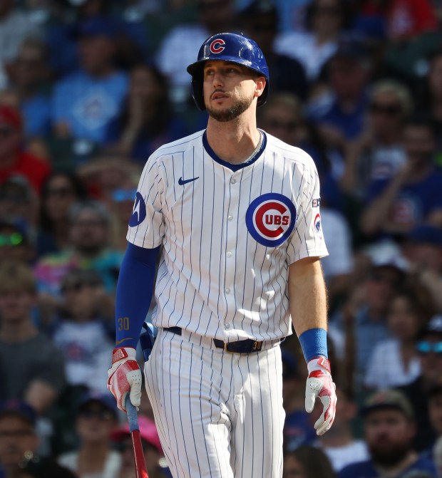 Cubs designated hitter Kyle Tucker heads to the dugout after striking out in the seventh inning against the Cardinals at Wrigley Field on Sept. 27, 2025, in Chicago. Tucker went 0-4 in the game. (John J. Kim/Chicago Tribune)
