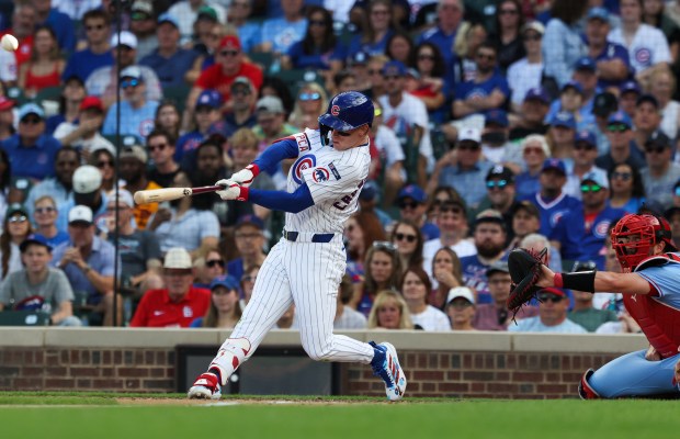 Cubs left fielder Pete Crow-Armstrong connects for a two-run home run in the eighth inning against the Cardinals at Wrigley Field on Sept. 27, 2025, in Chicago. (John J. Kim/Chicago Tribune)