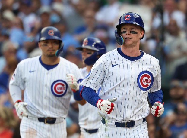 Cubs left fielder Pete Crow-Armstrong heads to the dugout after hitting a two-run home run in the eighth inning against the Cardinals at Wrigley Field on Sept. 27, 2025, in Chicago. (John J. Kim/Chicago Tribune)