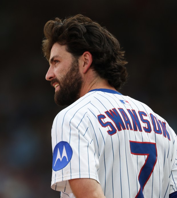 Cubs shortstop Dansby Swanson waits for an official review of a stolen third base in the eighth inning against the Cardinals at Wrigley Field on Sept. 27, 2025, in Chicago. (John J. Kim/Chicago Tribune)