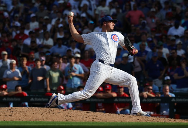 Cubs pitcher Brad Keller throws against the Cardinals in the ninth inning at Wrigley Field on Sept. 27, 2025, in Chicago. (John J. Kim/Chicago Tribune)