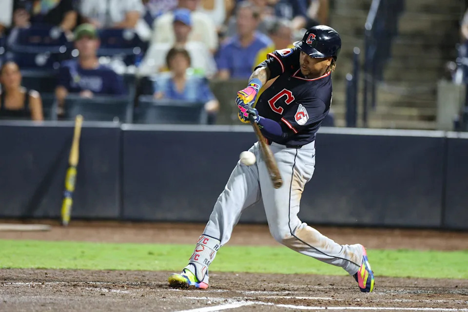 Cleveland Guardians' Jose Ramirez hits a single against the Tampa Bay Rays on Sept. 4, 2025, in Tampa, Florida.