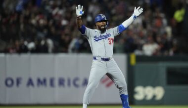 Los Angeles Dodgers' Teoscar Hernández celebrates after hitting a two-run double during the fifth inning of a baseball game against the San Francisco Giants, Saturday, Sept. 13, 2025, in San Francisco. (AP Photo/Godofredo A. Vásquez)