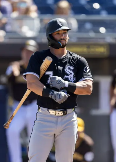 Mar 11, 2025; Peoria, Arizona, USA; Chicago White Sox outfielder Dominic Fletcher against the San Diego Padres during a spring training game at Peoria Sports Complex.