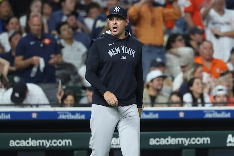 Sept. 3, 2025: New York Yankees manager Aaron Boone looks towards home plate during a pitching change in the eighth inning against the Houston Astros at Daikin Park.