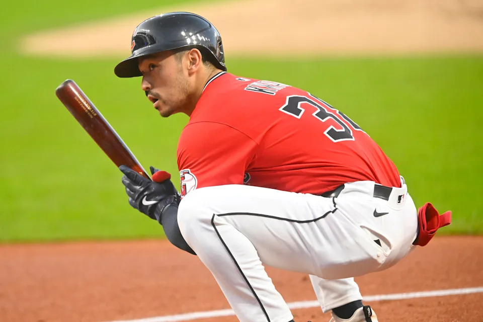 Sep 25, 2025; Cleveland, Ohio, USA; Cleveland Guardians left fielder Steven Kwan (38) stretches before batting in the first inning against the Detroit Tigers at Progressive Field. Mandatory Credit: David Richard-Imagn Images