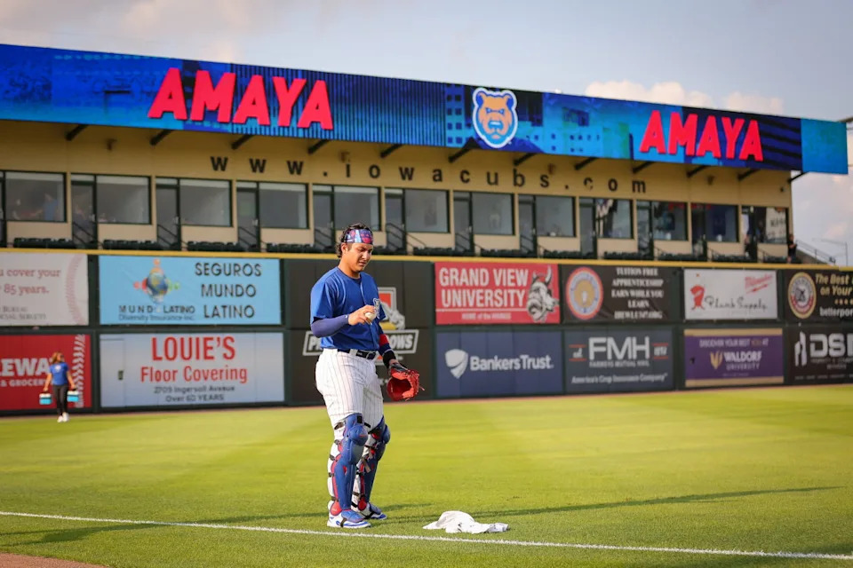 Miguel Amaya went 1-for-2 with a single during his rehab game with the Iowa Cubs on July 29.
