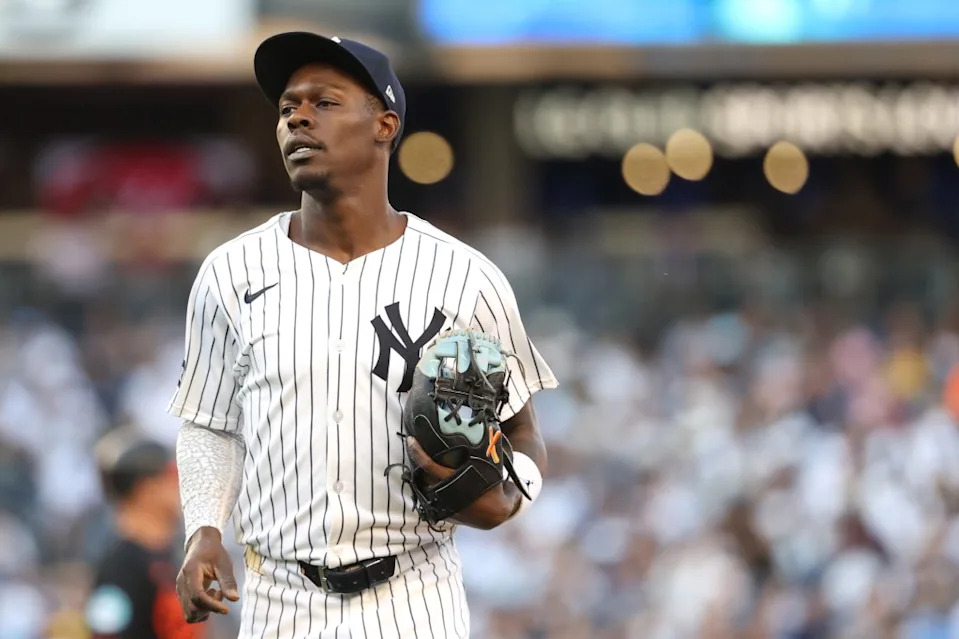 Jazz Chisholm Jr. looks on during the Yankees-Orioles game on Sept. 28, 2025. AP