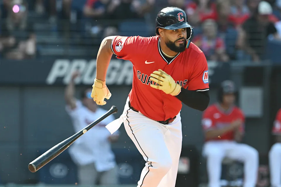 Sep 28, 2025; Cleveland, Ohio, USA; Cleveland Guardians right fielder Johnathan Rodriguez (30) hits an RBI single during the first inning against the Texas Rangers at Progressive Field. Mandatory Credit: Ken Blaze-Imagn Images