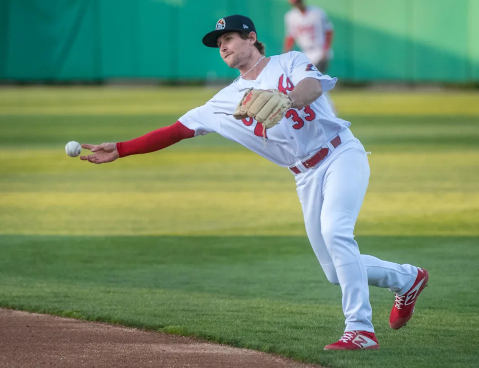 Peoria Chiefs second baseman Brendan Donovan throws to first for an out in the third inning against the Wisconsins Timber Rattlers on Tuesday, May 11, 2021 at Dozer Park.
