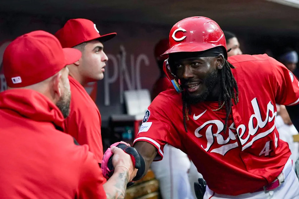 Elly De La Cruz returning to the dugout after his second home run in four games. After hitting one in his previous 74.