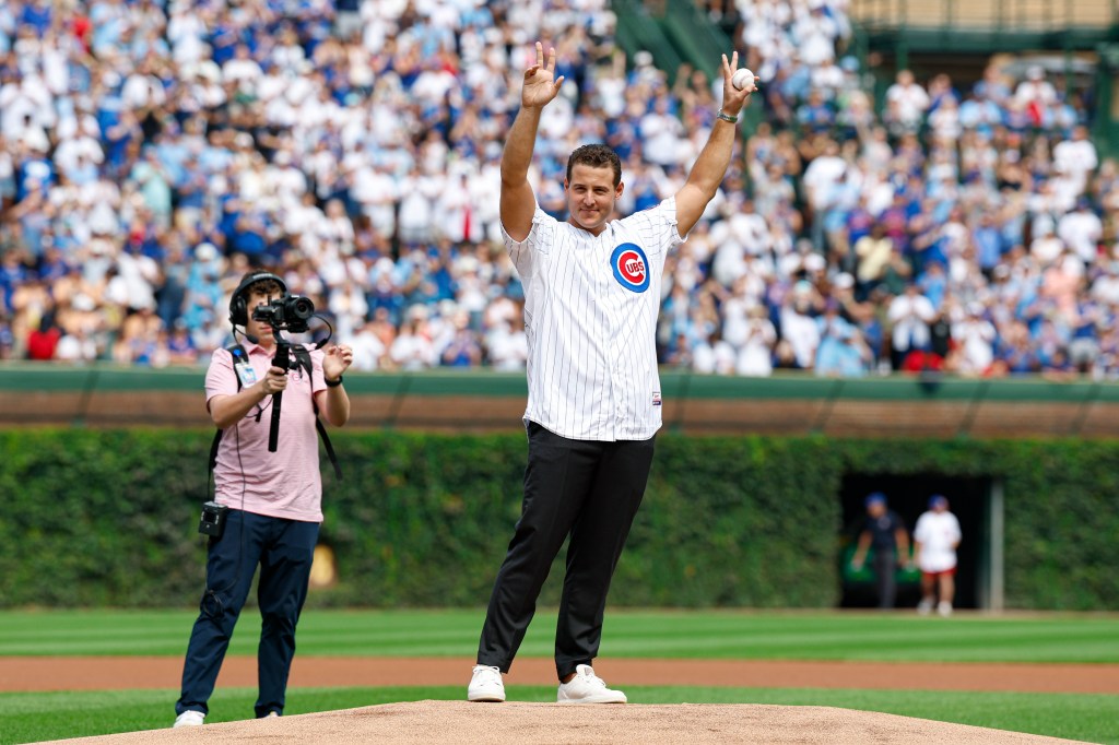 Anthony Rizzo throwing out the ceremonial first pitch at a Chicago Cubs game.