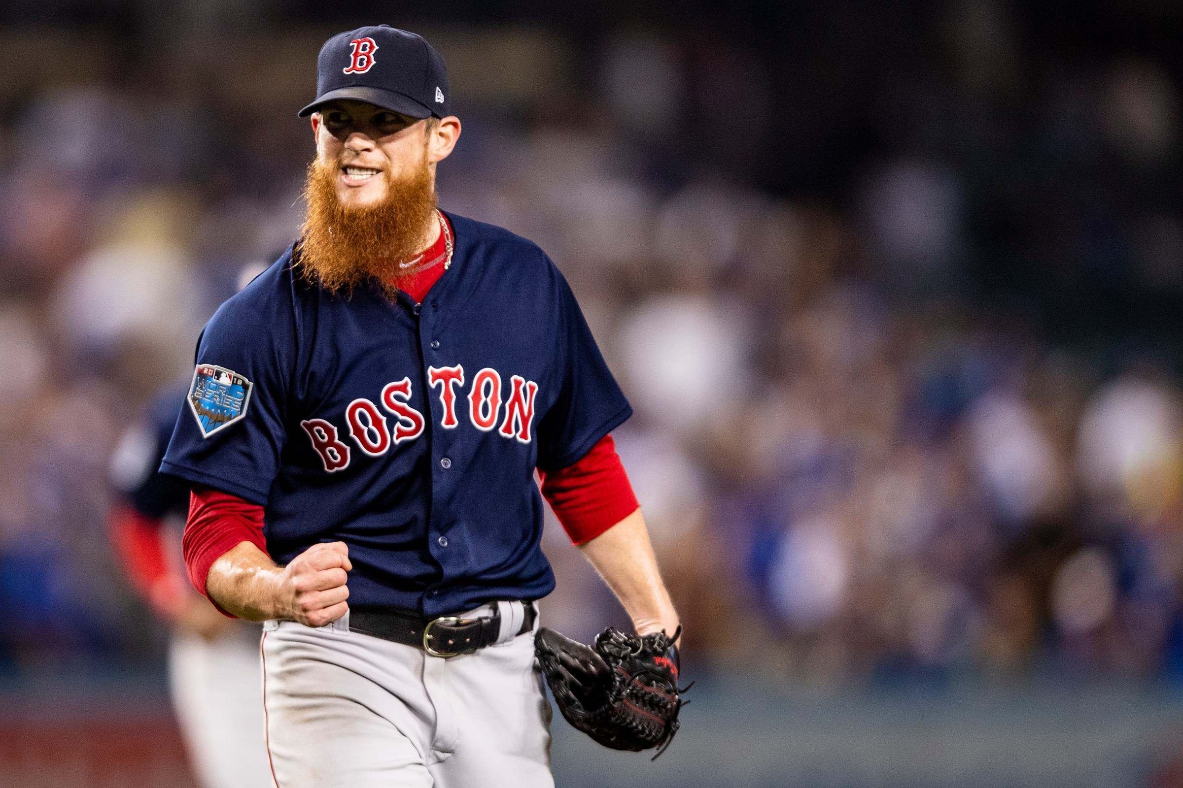 LOS ANGELES, CA - OCTOBER 26: Craig Kimbrel #46 of the Boston Red Sox reacts after retiring the side in the ninth inning against the Los Angeles Dodgers in Game Three of the 2018 World Series at Dodger Stadium on October 26, 2018 in Los Angeles, California. (Photo by Billie Weiss/Boston Red Sox/Getty Images)