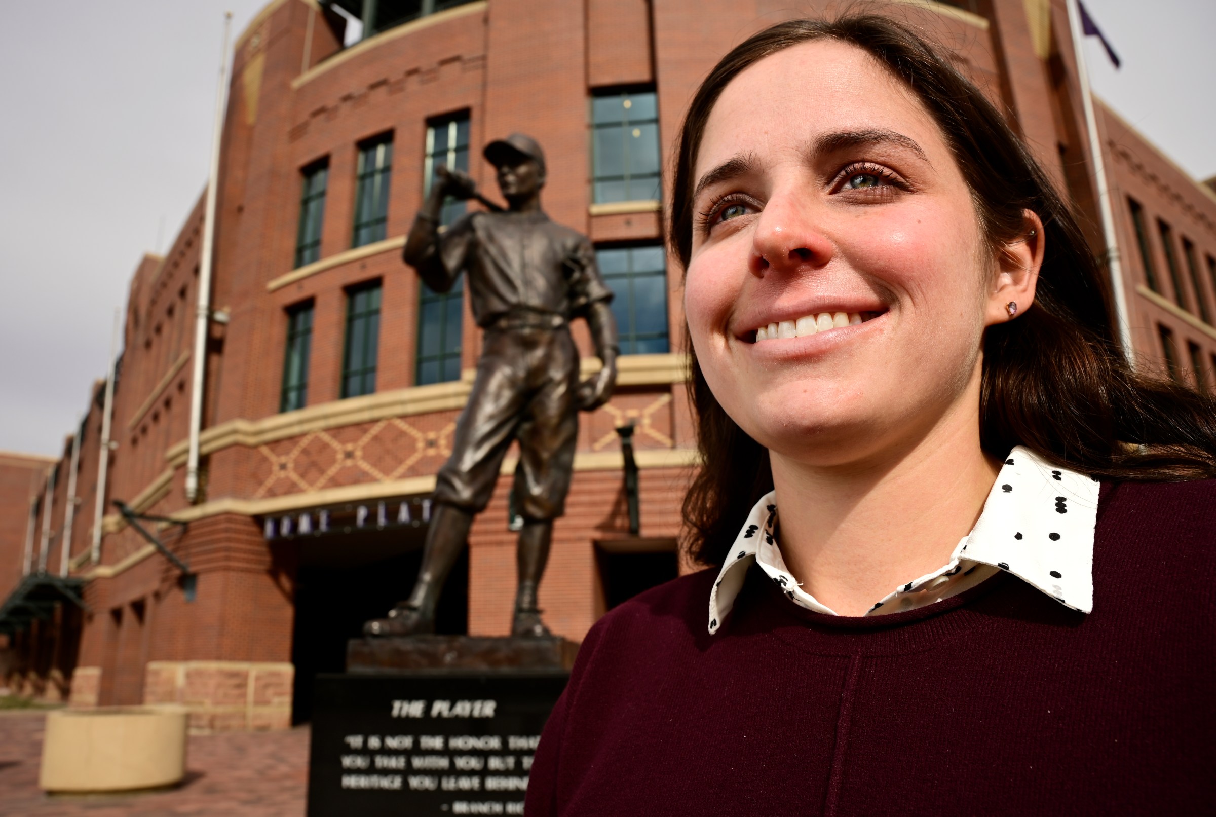 Emily Glass, the Colorado Rockies’ first female scout, poses for a portrait at Coors Field in Denver, Colorado on Thursday, February 10, 2022.(Photo by Hyoung Chang/MediaNews Group/The Denver Post via Getty Images