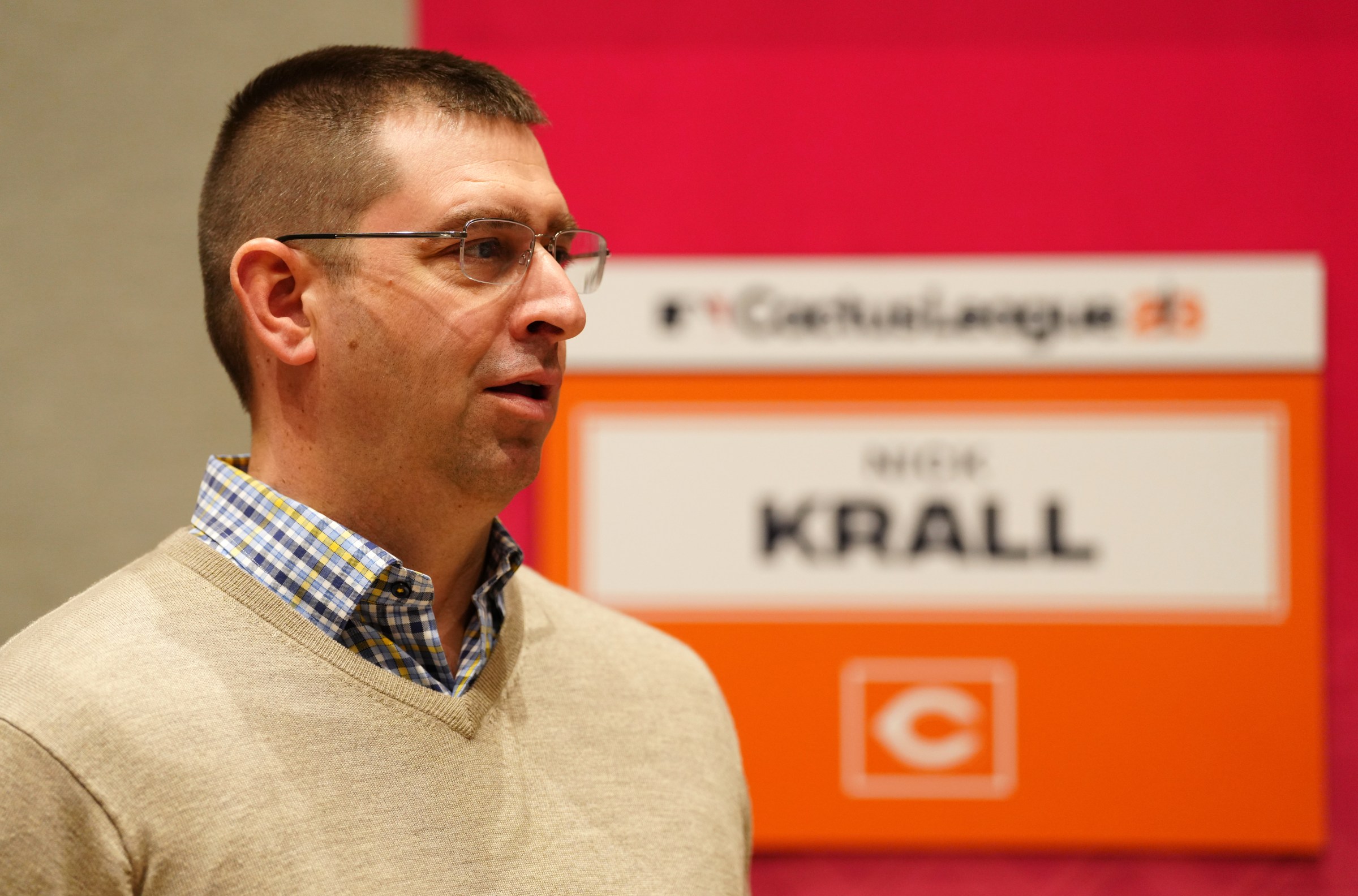 PHOENIX, AZ - FEBRUARY 15: Nick Krall, General Manager of the Cincinnati Reds, speaks to the media during the Spring Training Cactus League Media Day at Arizona Biltmore on Wednesday, February 15, 2023 in Phoenix, Arizona. (Photo by Daniel Shirey/MLB Photos via Getty Images)