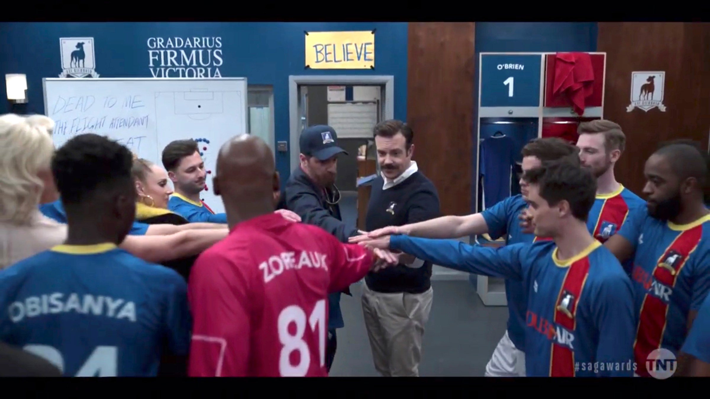 VARIOUS CITIES - APRIL 04: In this screengrab released on April 4, 2021, Jason Sudeikis and cast perform as characters from “Ted Lasso” during the 27th Annual Screen Actors Guild Awards on April 04, 2021. (Photo by SAGAwards2021 via Getty Images )