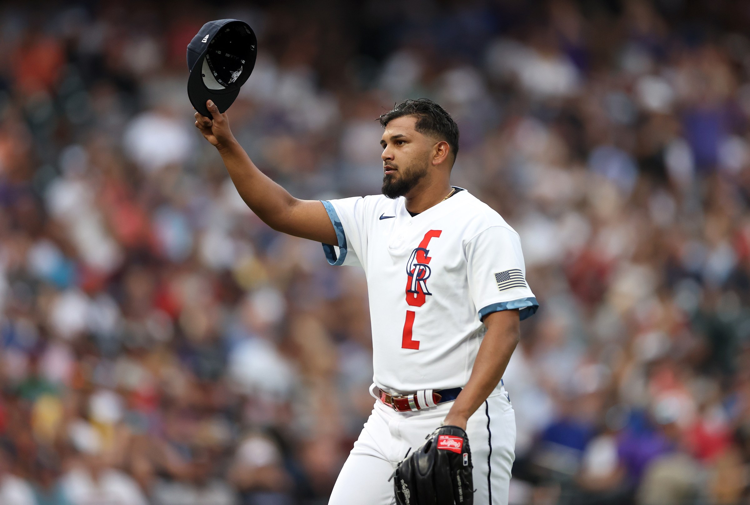 DENVER, COLORADO - JULY 13: German Marquez #48 of the Colorado Rockies waves to the crowd as he leaves the game during the 91st MLB All-Star Game at Coors Field on July 13, 2021 in Denver, Colorado. (Photo by Matthew Stockman/Getty Images)