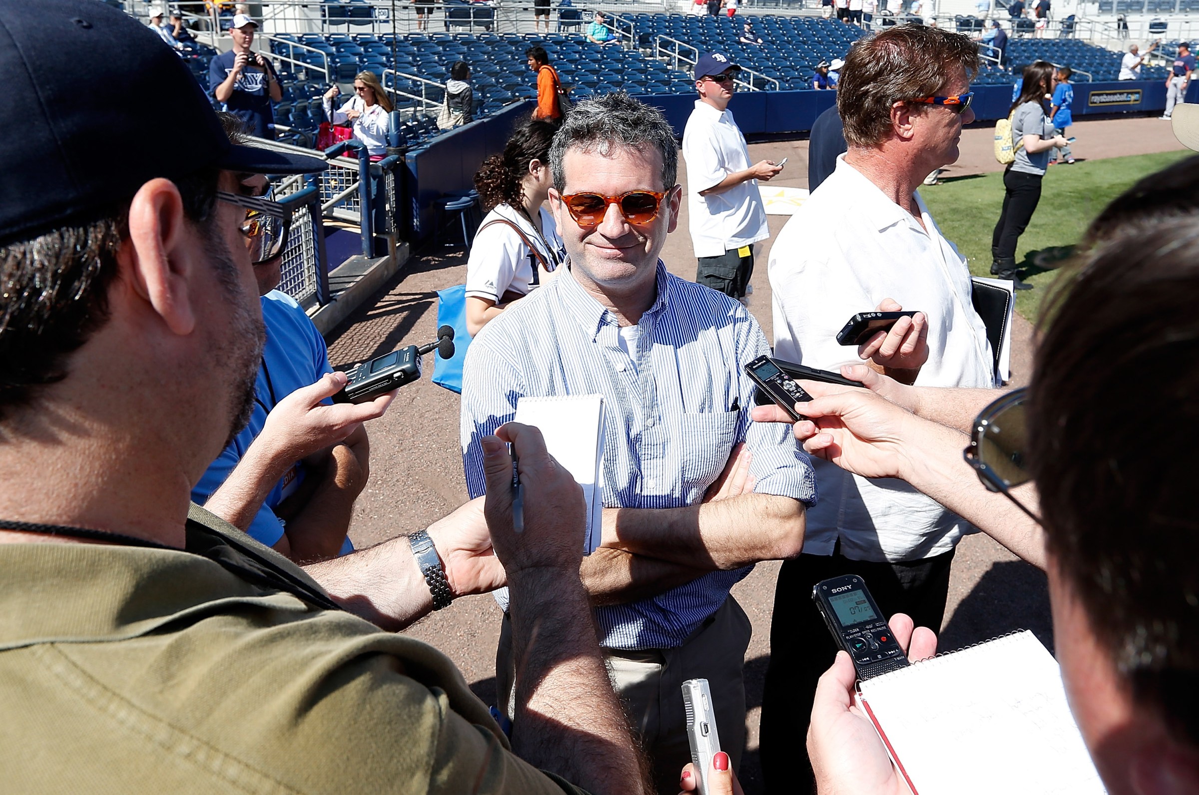 PORT CHARLOTTE, FL - MARCH 10: Principal owner Stuart Sternberg of the Tampa Bay Rays addresses the media just before the start of the Grapefruit League Spring Training Game against the Boston Red Sox at the Charlotte Sports Complex on March 10, 2013 in Port Charlotte, Florida. (Photo by J. Meric/Getty Images)