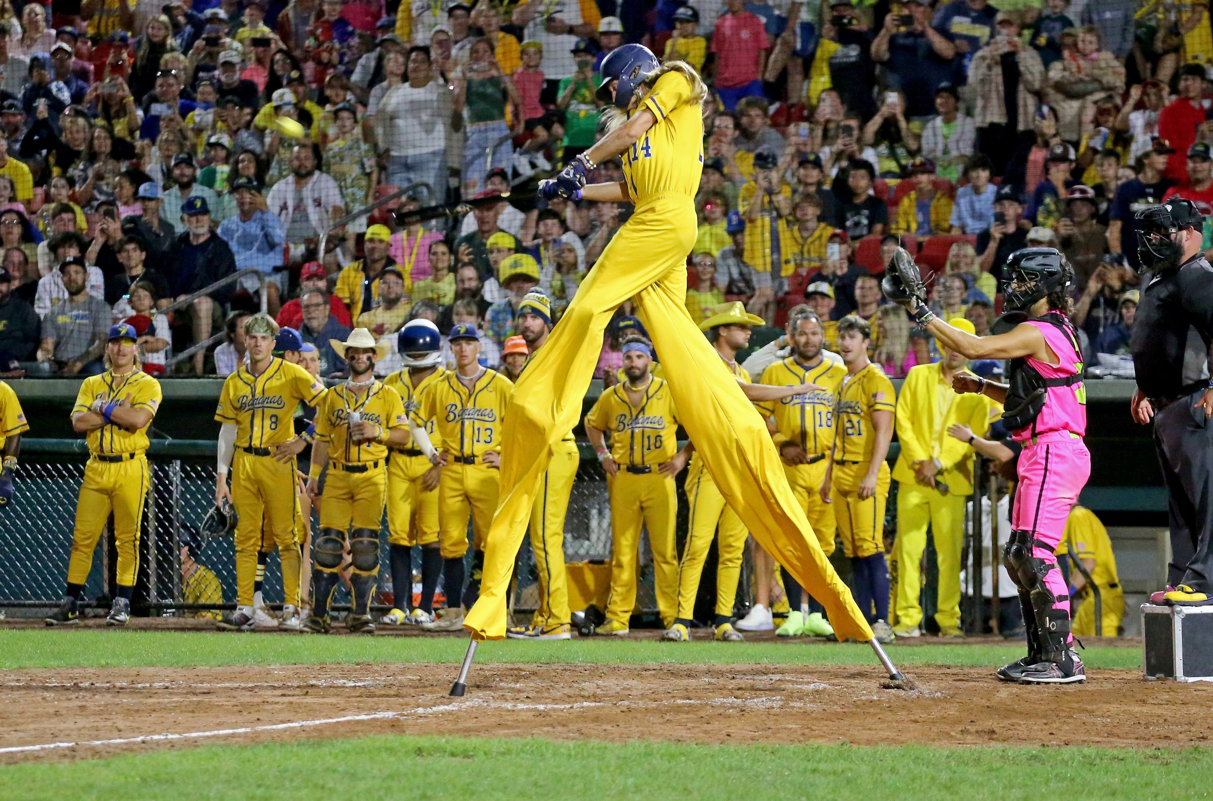 Brockton, Mass., August 16, 2023: Bananas Brandon Stilts Sherman gets a hit as the Savannah Bananas take on the Party Animals at Campanelli Stadium on August 16, 2023 in , Brockton, MA. (Staff Photo By Stuart Cahill/MediaNews Group/Boston Herald via Getty Images)
