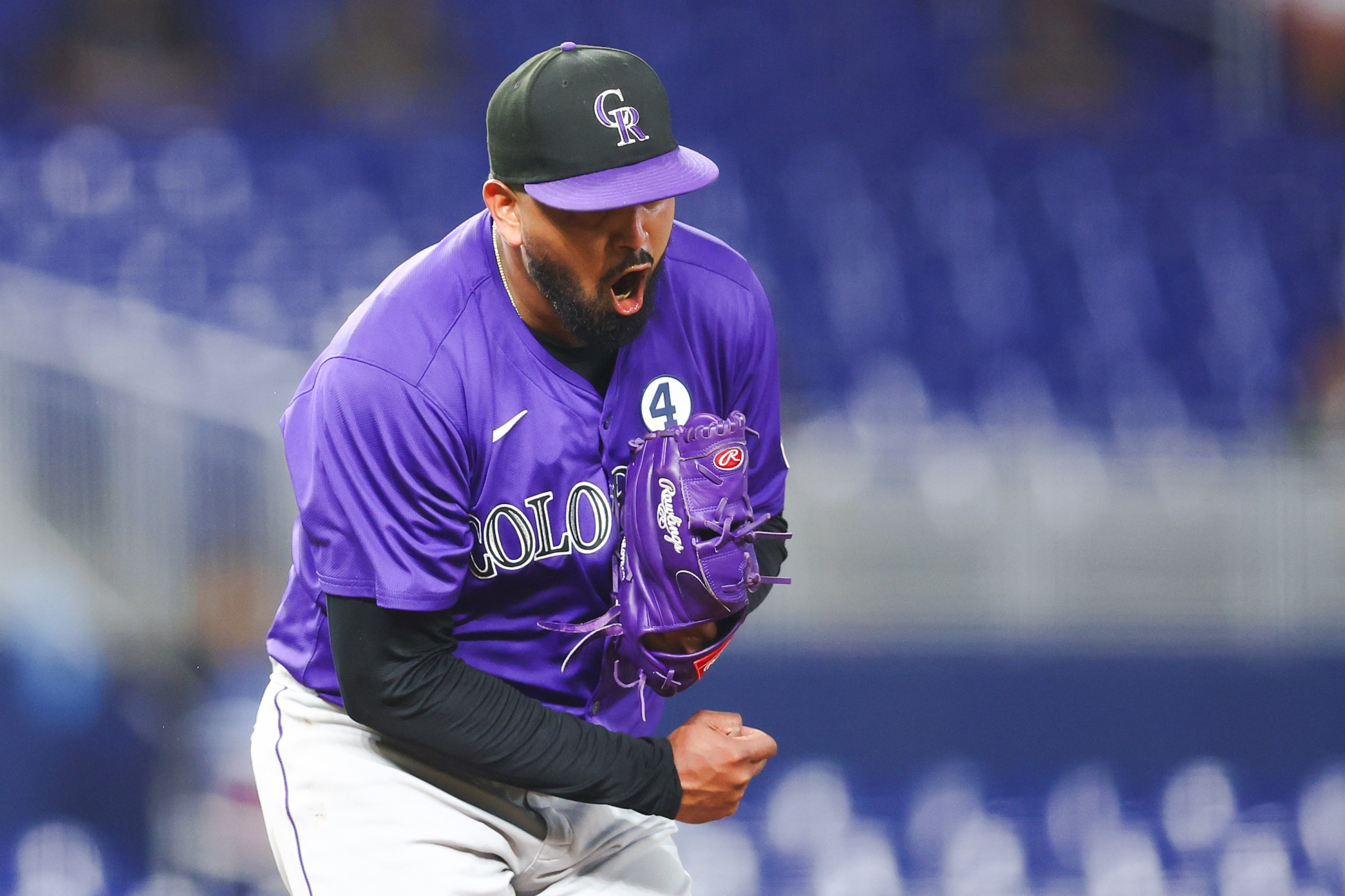 MIAMI, FLORIDA - JUNE 02: Germán Márquez #48 of the Colorado Rockies reacts after a strikeout against the Miami Marlins in the fifth inning of the game at loanDepot park on June 02, 2025 in Miami, Florida. (Photo by Megan Briggs/Getty Images)
