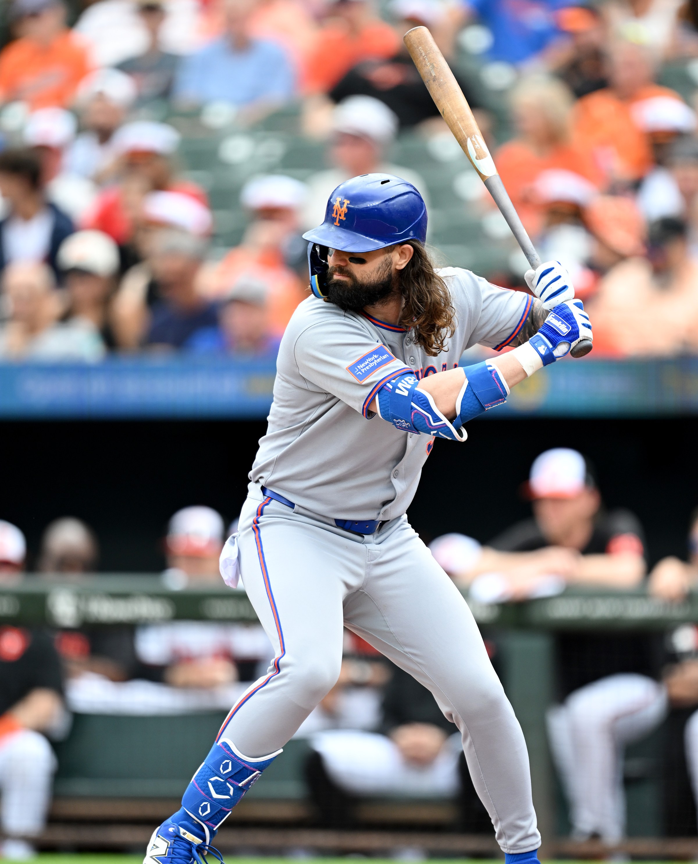 BALTIMORE, MARYLAND - JULY 10: Jesse Winker #3 of the New York Mets bats against the Baltimore Orioles during game one of a double header at Oriole Park at Camden Yards on July 10, 2025 in Baltimore, Maryland. (Photo by G Fiume/Getty Images)
