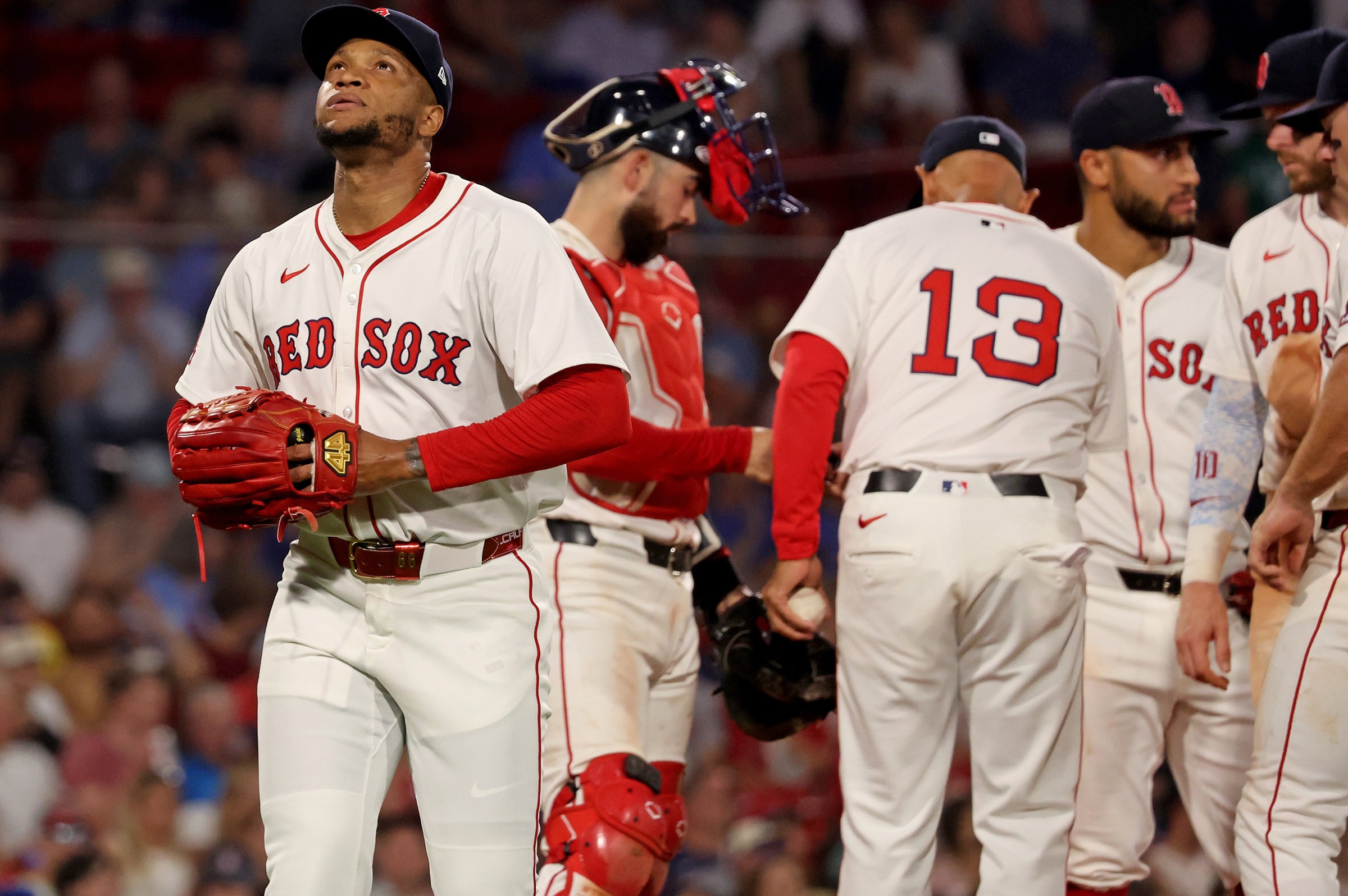 Boston, MA - August 4 - Jorge Alcala (71) of the Boston Red Sox is taken out of the game during the eighth inning of a MLB game against the Kansas City Royals at Fenway Park. (Photo By Matt Stone/Boston Herald)