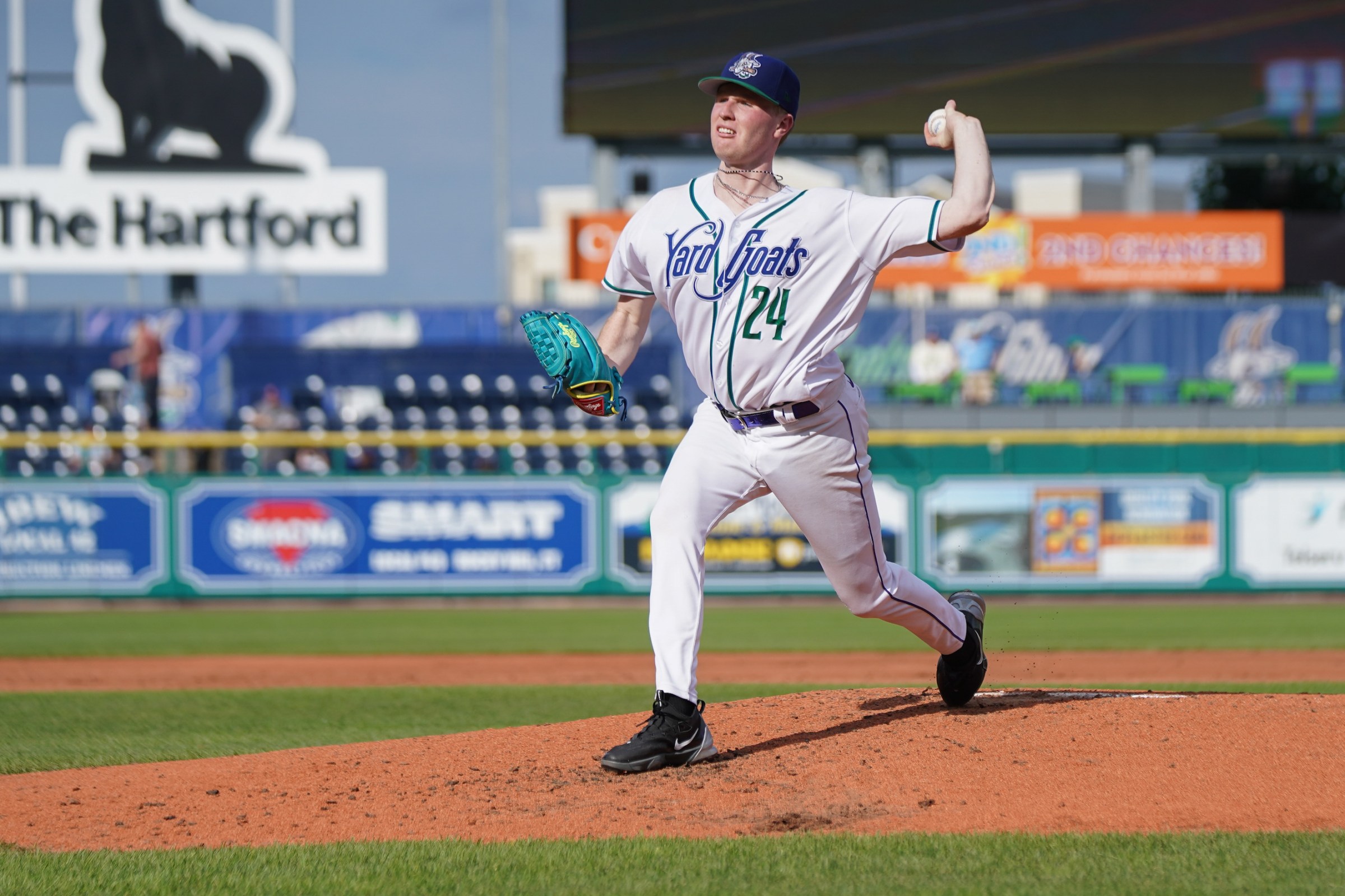 HARTFORD, CT - JULY 02: Sean Sullivan #24 of the Hartford Yard Goats pitches during the game between the Binghamton Rumble Ponies and the Hartford Yard Goats at Dunkin’ Park on Wednesday, July 2, 2025 in Hartford, Connecticut. (Photo by Emerson Ricciardone/Minor League Baseball)