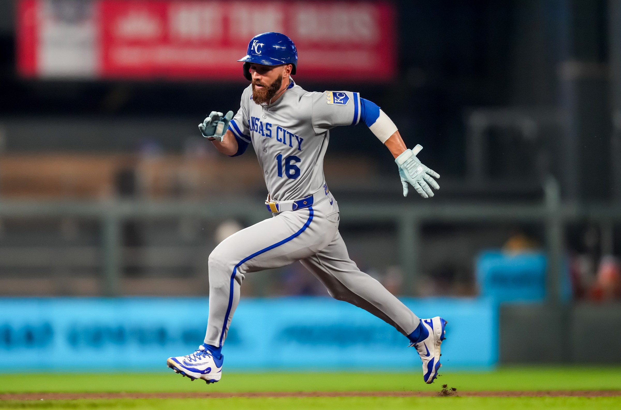 MINNEAPOLIS, MN - AUGUST 08: John Rave #16 of the Kansas City Royals runs against the Minnesota Twins on August 08, 2025 at Target Field in Minneapolis, Minnesota. (Photo by Brace Hemmelgarn/Minnesota Twins/Getty Images)