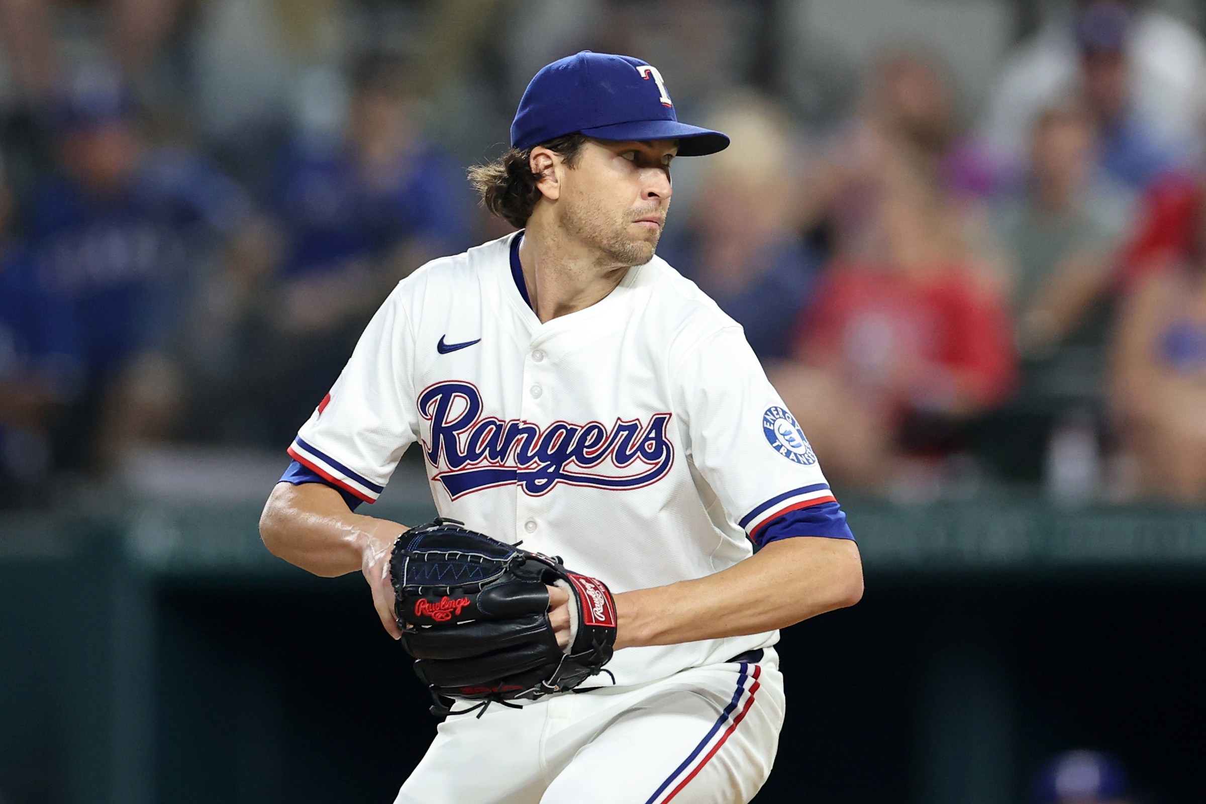 ARLINGTON, TEXAS - AUGUST 25: Jacob deGrom #48 of the Texas Rangers throws a pitch during the fourth inning against the Los Angeles Angels at Globe Life Field on August 25, 2025 in Arlington, Texas. (Photo by Stacy Revere/Getty Images)