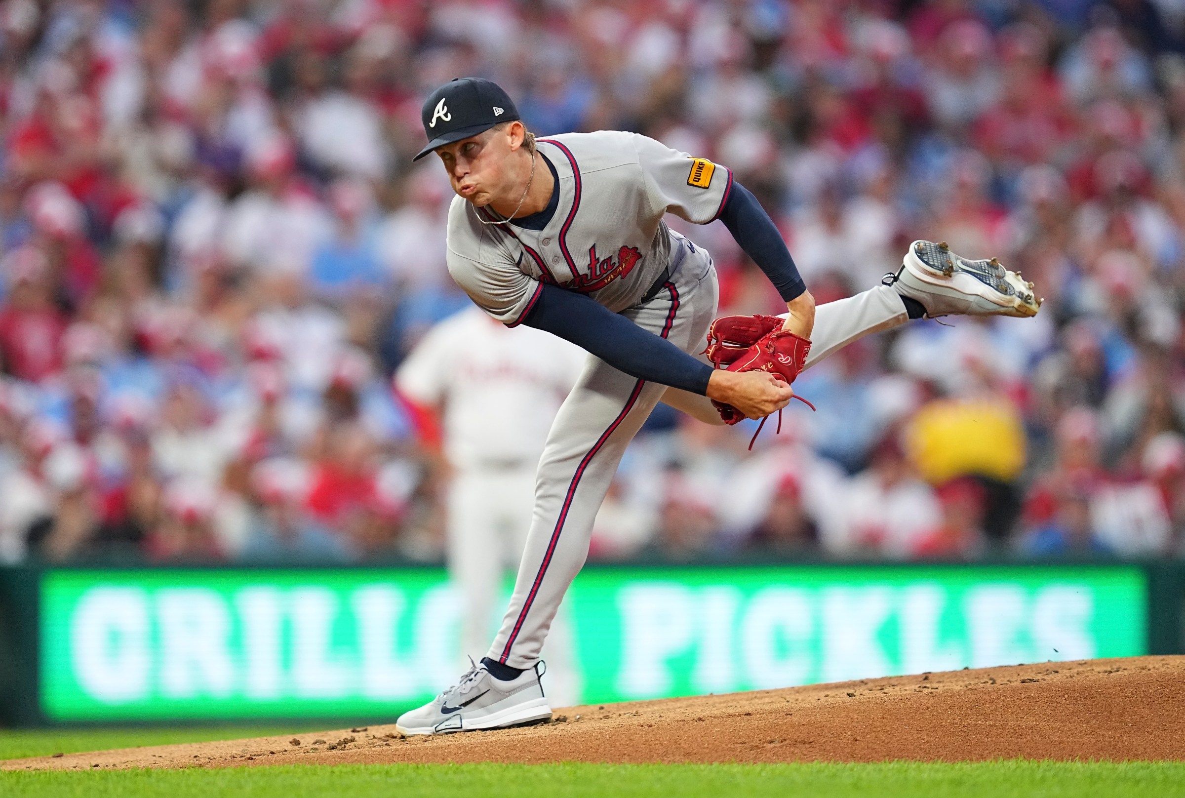 PHILADELPHIA, PENNSYLVANIA - AUGUST 31: Hurston Waldrep #64 of the Atlanta Braves throws a pitch against the Philadelphia Phillies at Citizens Bank Park on August 31, 2025 in Philadelphia, Pennsylvania. The Braves defeated the Phillies 3-1. (Photo by Mitchell Leff/Getty Images)