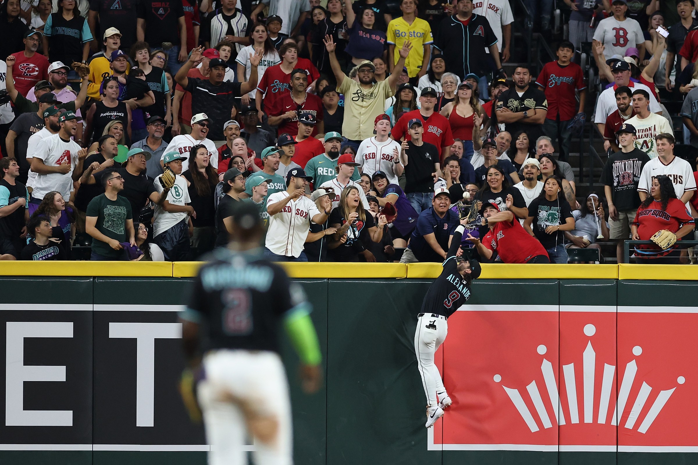 PHOENIX, ARIZONA - SEPTEMBER 06: Outfielder Blaze Alexander #9 of the Arizona Diamondbacks catches a fly-ball out hit by Alex Bregman (not pictured) of the Boston Red Sox during the eighth inning of the MLB game at Chase Field on September 06, 2025 in Phoenix, Arizona. (Photo by Christian Petersen/Getty Images)