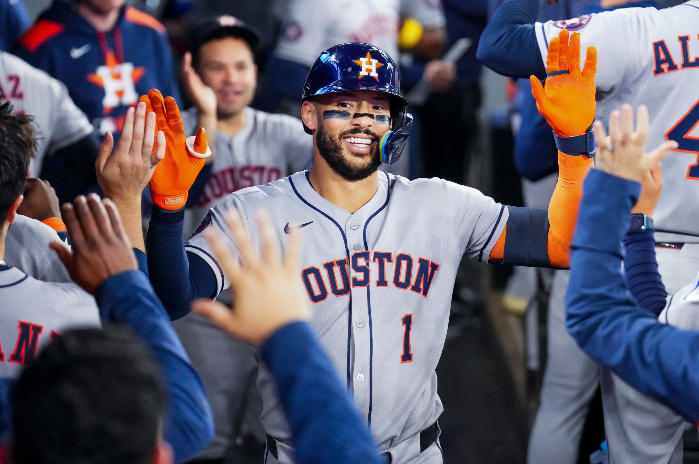 TORONTO, CANADA - SEPTEMBER 10: Carlos Correa #1 of the Houston Astros celebrates his 200th career home run against the Toronto Blue Jays during the sixth inning of their MLB game at the Rogers Centre on September 10, 2025 in Toronto, Ontario, Canada. (Photo by Mark Blinch/Getty Images)