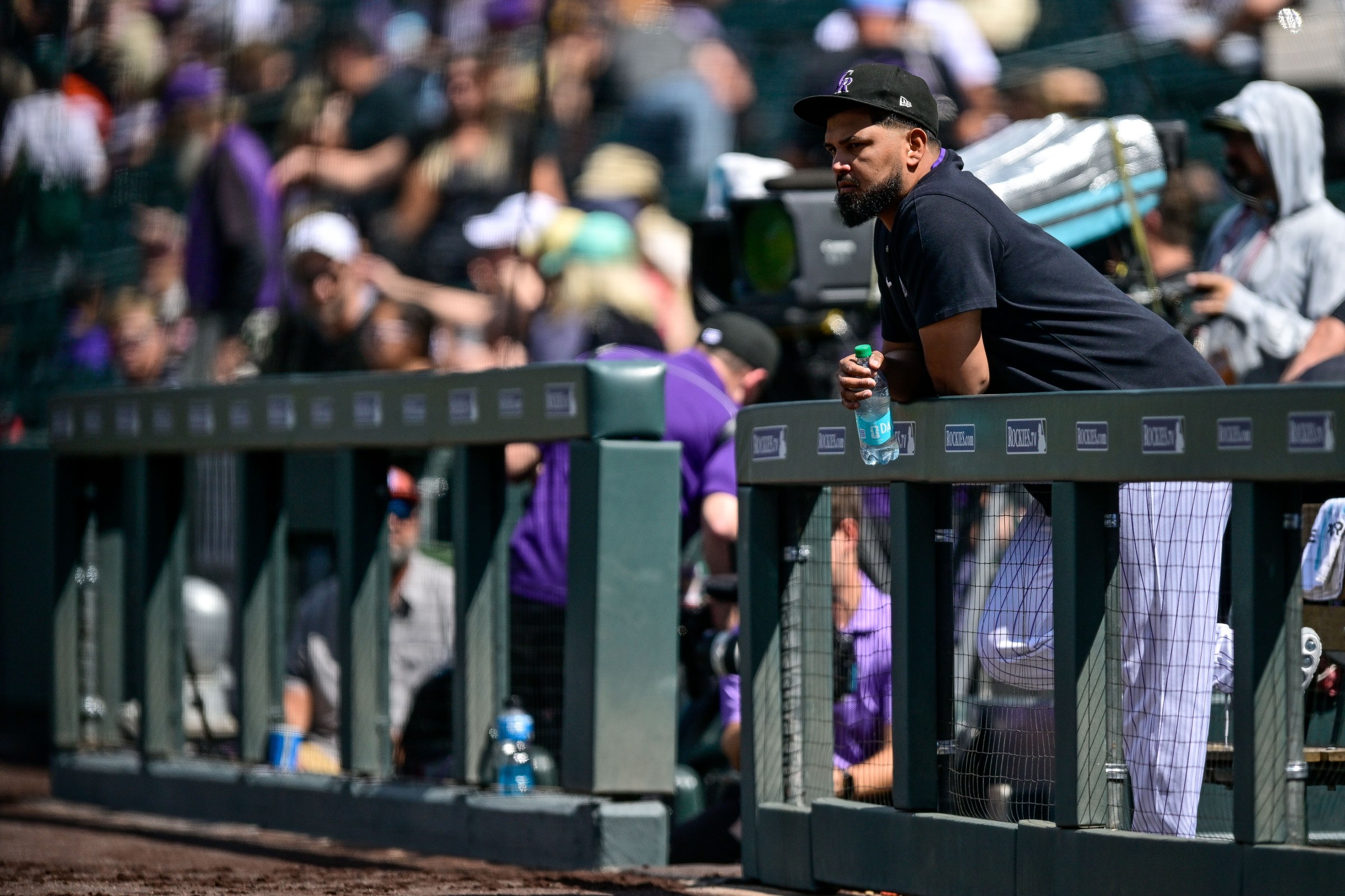 DENVER, COLORADO - SEPTEMBER 7: Germán Márquez #48 of the Colorado Rockies looks on from the dugout during a game against the San Diego Padres at Coors Field on September 7, 2025 in Denver, Colorado. (Photo by Dustin Bradford/Getty Images)