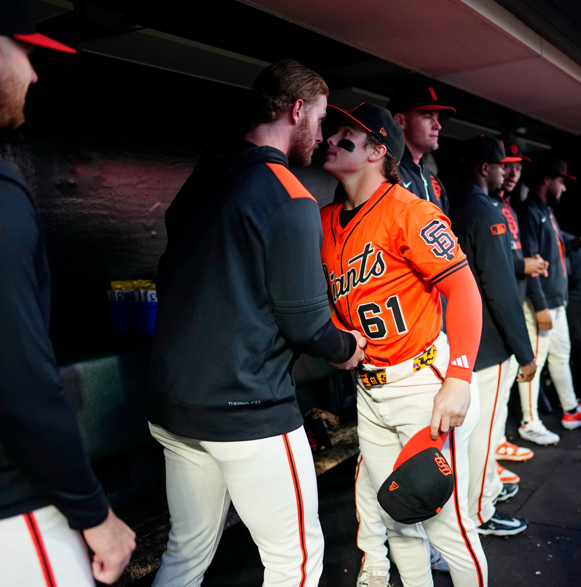 SAN FRANCISCO, CALIFORNIA - SEPTEMBER 12: Drew Gilbert #61 and Carson Whisenhunt #88 of the San Francisco Giants prepare for the game at Oracle Park on September 12, 2025 in San Francisco, California. (Photo by Suzanna Mitchell/San Francisco Giants/Getty Images)
