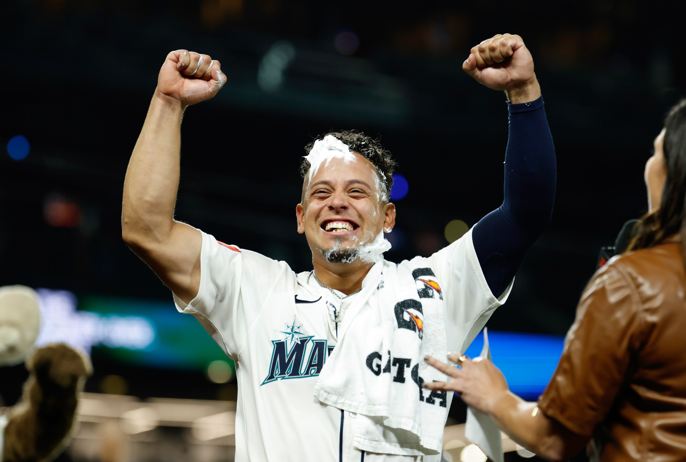 SEATTLE, WASHINGTON - SEPTEMBER 10: Leo Rivas #76 of the Seattle Mariners reacts after the game against the St. Louis Cardinals at T-Mobile Park on September 10, 2025 in Seattle, Washington. The Seattle Mariners won 4-2 in thirteen innings. (Photo by Alika Jenner/Getty Images)