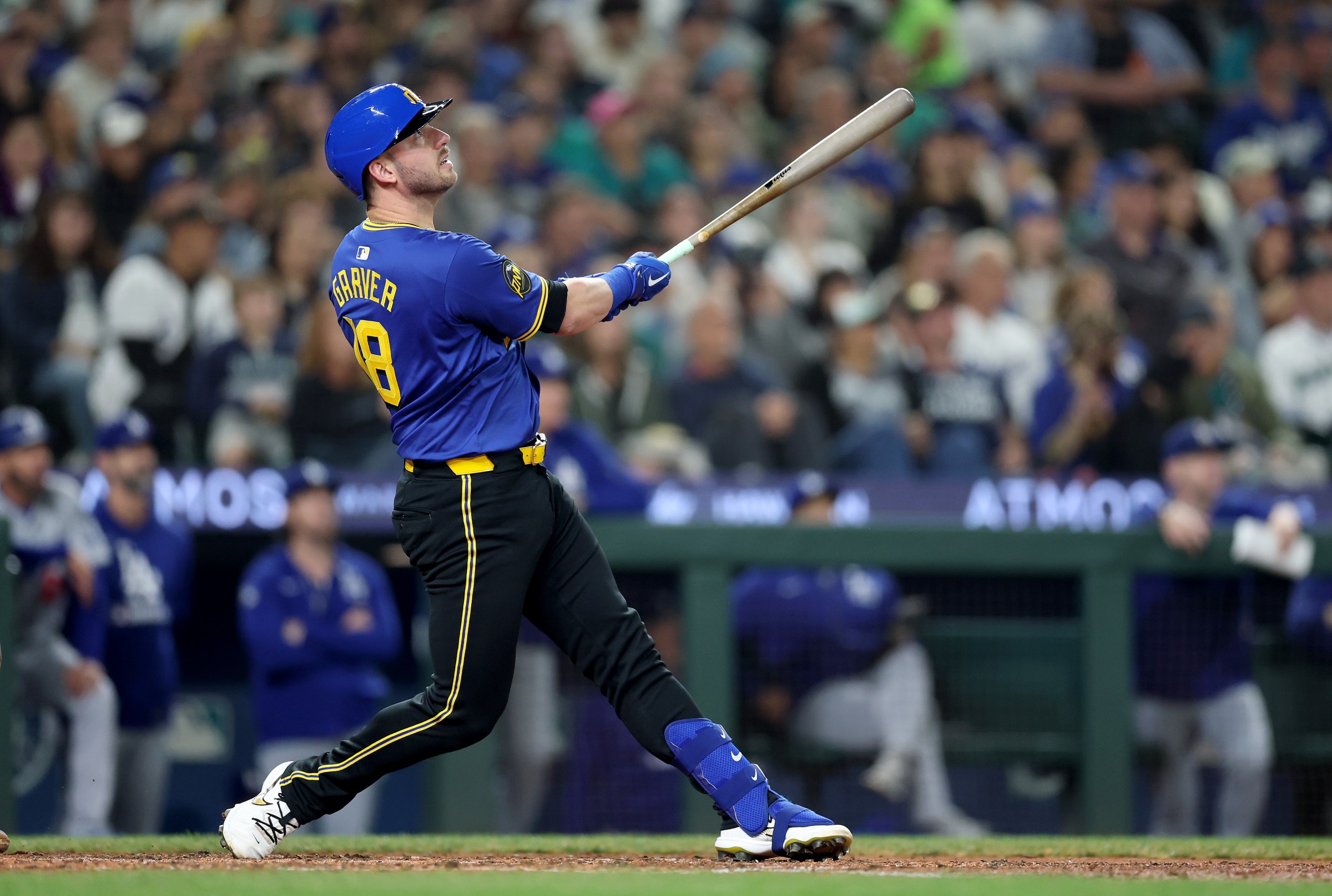 SEATTLE, WASHINGTON - SEPTEMBER 26: Mitch Garver #18 of the Seattle Mariners at bat against the Los Angeles Dodgers at T-Mobile Park on September 26, 2025 in Seattle, Washington. (Photo by Steph Chambers/Getty Images)