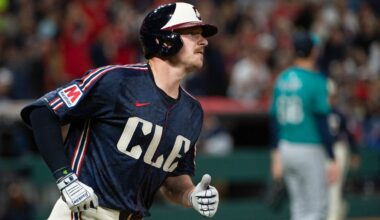 Cleveland Guardians' Kyle Manzardo rounds the bases after hitting a solo home run off Seattle Mariners starting pitcher George Kirby during the sixth inning of a baseball game, Friday, Aug. 29, 2025, in Cleveland.