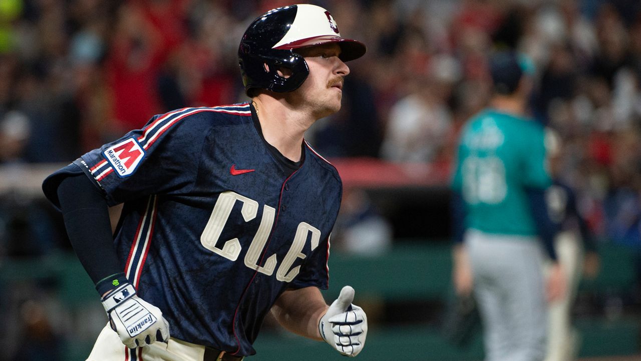 Cleveland Guardians' Kyle Manzardo rounds the bases after hitting a solo home run off Seattle Mariners starting pitcher George Kirby during the sixth inning of a baseball game, Friday, Aug. 29, 2025, in Cleveland.