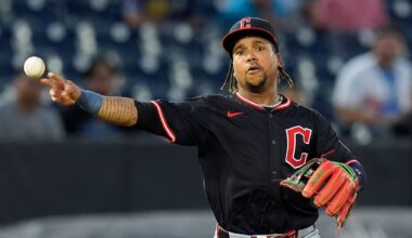 Cleveland Guardians third base José Ramírez throws out Tampa Bay Rays' Yandy Díaz at first during the first inning of a baseball game Thursday, Sept. 4, 2025, in Tampa, Fla.