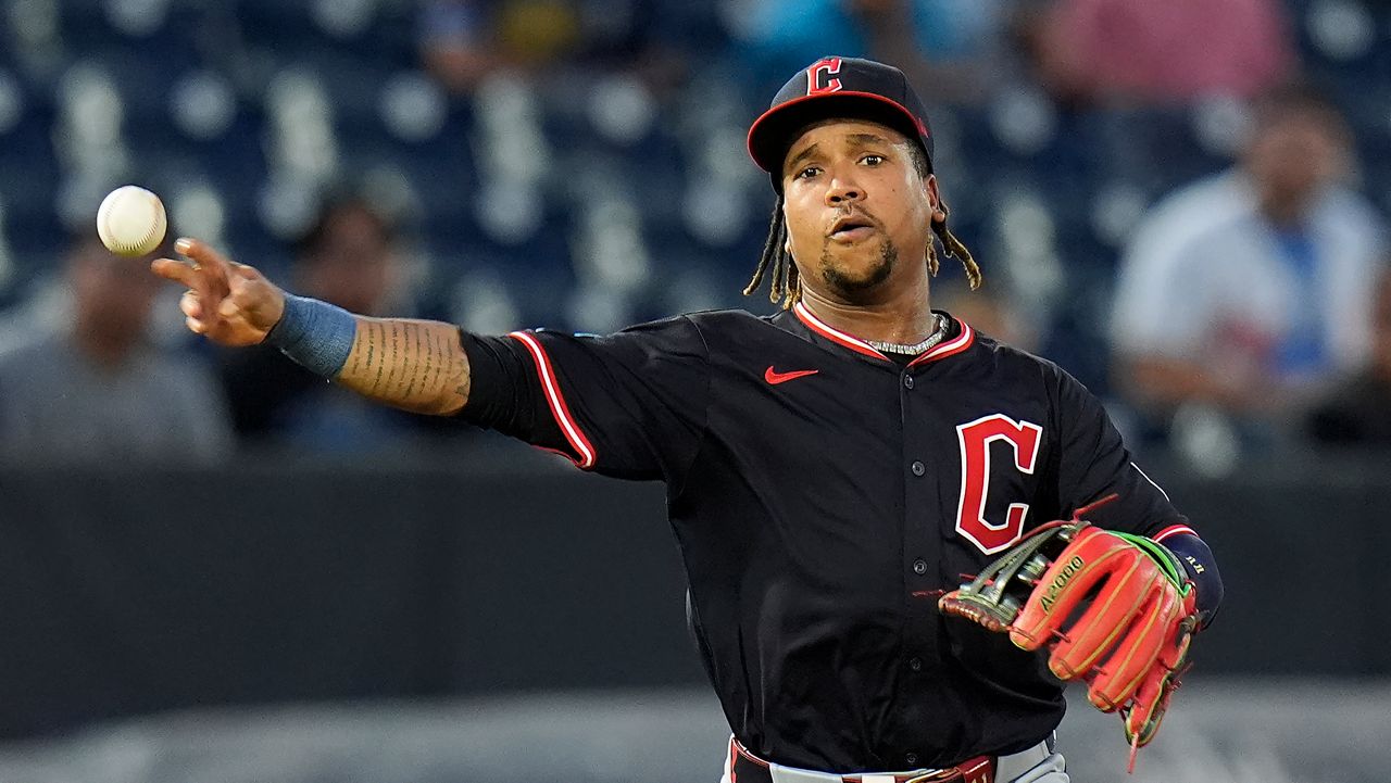 Cleveland Guardians third base José Ramírez throws out Tampa Bay Rays' Yandy Díaz at first during the first inning of a baseball game Thursday, Sept. 4, 2025, in Tampa, Fla.