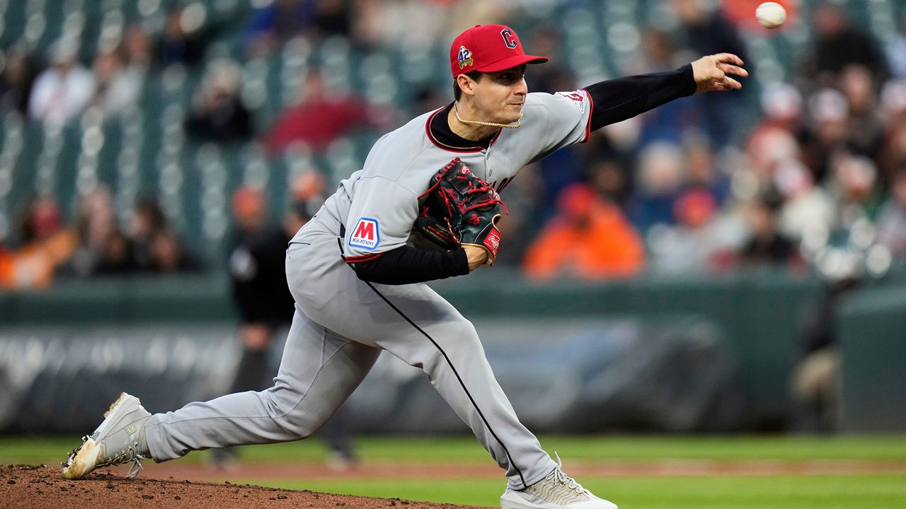 Cleveland Guardians pitcher Logan Allen delivers during the first inning of a baseball game against the Baltimore Orioles, Tuesday, April 15, 2025, in Baltimore. (AP Photo/Stephanie Scarbrough)