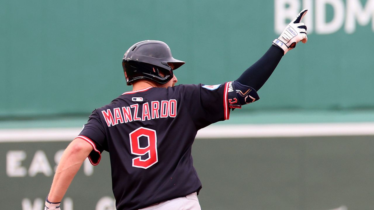 Cleveland Guardians' Kyle Manzardo gestures after hitting a home run during the eighth inning of a baseball game against the Boston Red Sox, Monday, Sept. 1, 2025, in Boston. (AP Photo/Mark Stockwell)