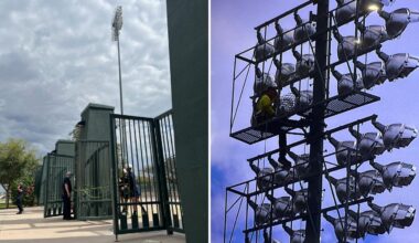 An injured worker was stuck on light pole at Mesa's Hohokam Stadium. (Mesa Fire and Medical Departm...
