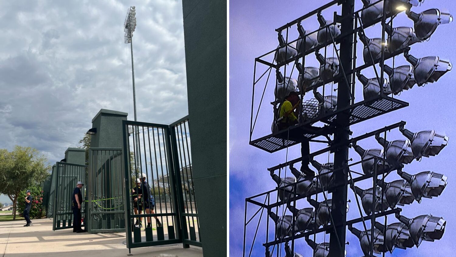 An injured worker was stuck on light pole at Mesa's Hohokam Stadium. (Mesa Fire and Medical Departm...