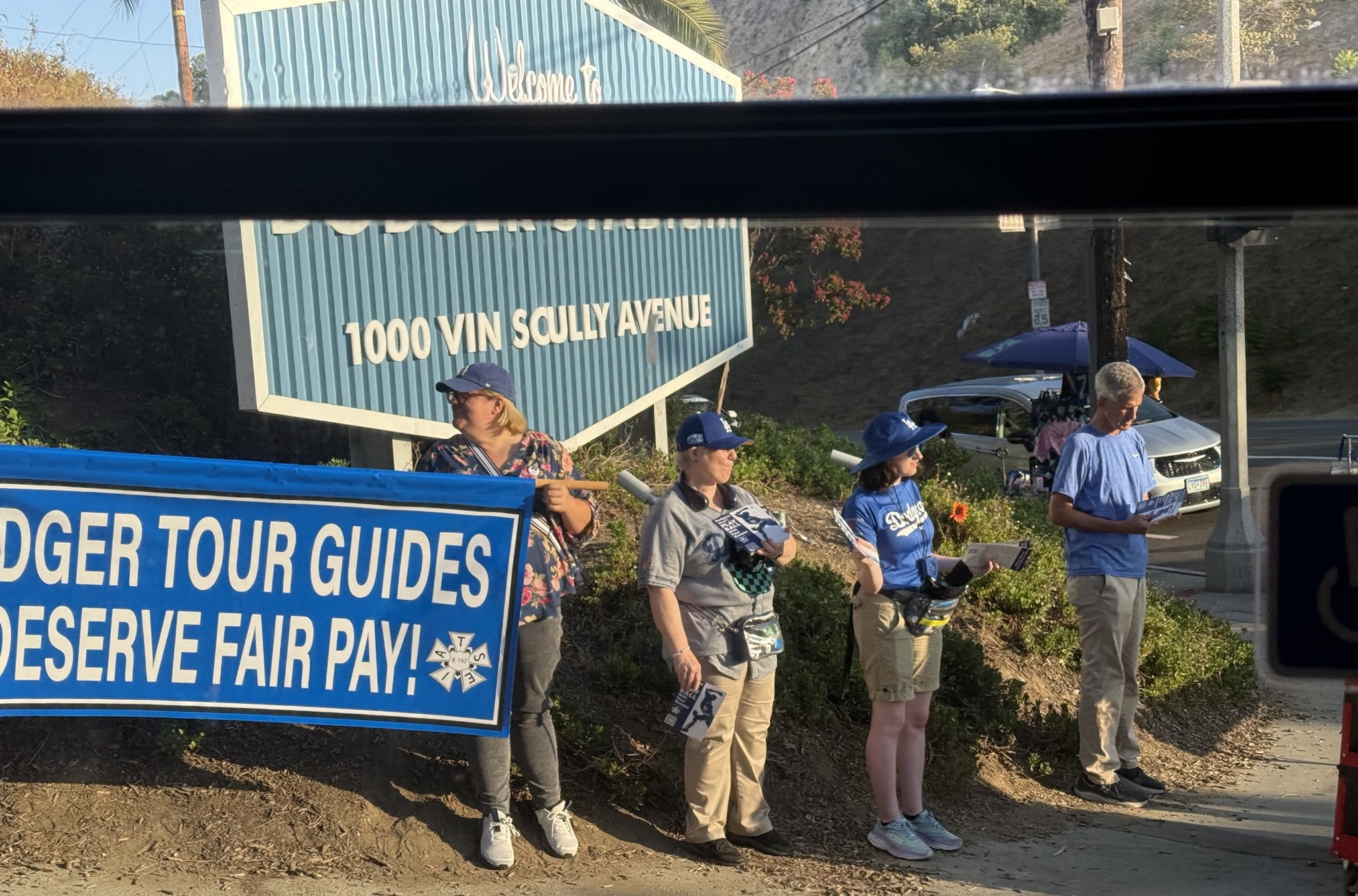 The Union demonstrates outside Dodger Stadium. August 15, 2025.